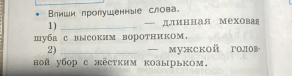 Подскажи пропущенные слова в предложениях: 1) ... - длинная меховая шуба с высоким воротником.