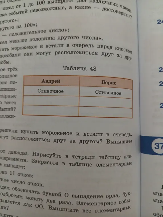 Составь таблицу, чтобы понять, какими способами Андрей и Борис могут расположиться друг за другом, если они решили купить мороженое?