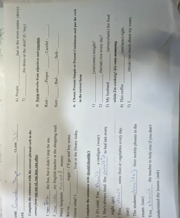 Выполни упражнение: заполни предложения правильным фразовым глаголом в правильной форме run out of, run into, run after.