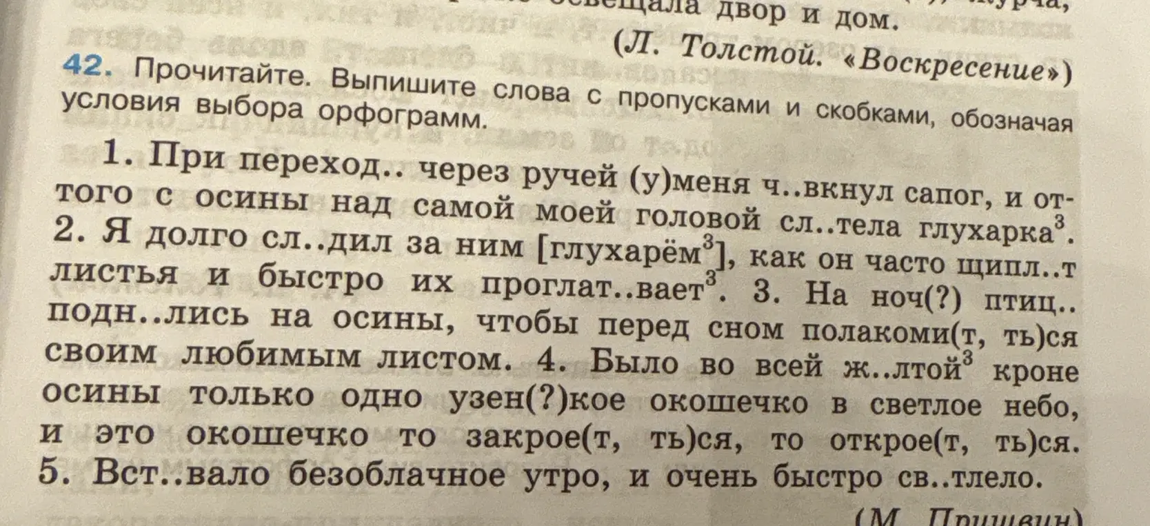 Ты просишь выписать слова с пропусками и скобками из предложенных предложений, обозначая условия выбора орфограмм.