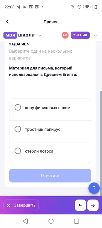 Выбери один из нескольких вариантов: материал для письма, который использовался в Древнем Египте.