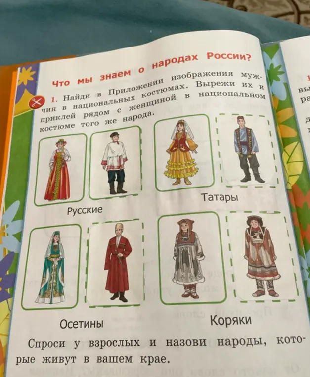 Найди в приложении изображения мужчин в национальных костюмах, вырежи их и приклей рядом с женщиной в национальном костюме того же народа