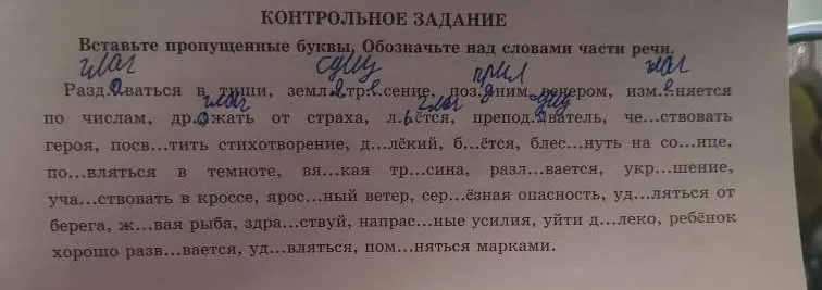 Вставь пропущенные буквы в словах: Раздеваться в тиши, земл...трясение и т.д.