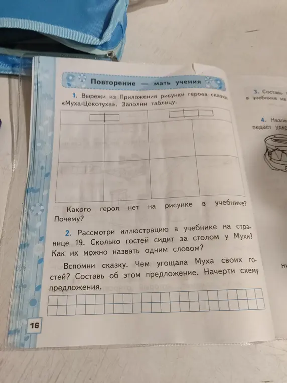Рассмотри иллюстрацию в учебнике на странице 19. Сколько гостей сидит за столом у Мухи?