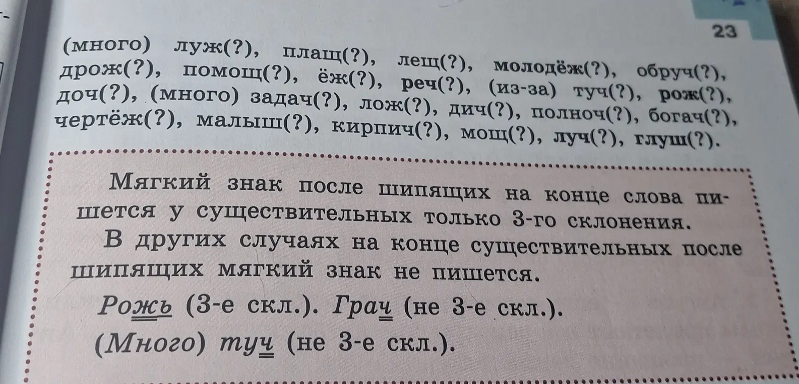 Выпиши в левый столбик существительные 3-го склонения, а в правый — все остальные. Вставь ь там, где он необходим. 