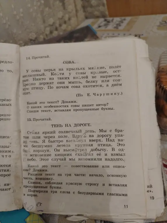 Выполни задания из упражнений 14 и 15: определи тип текста, укажи особенности, раздели текст на части, вставь пропущенные буквы и подчеркни слова с безударными гласными в корне