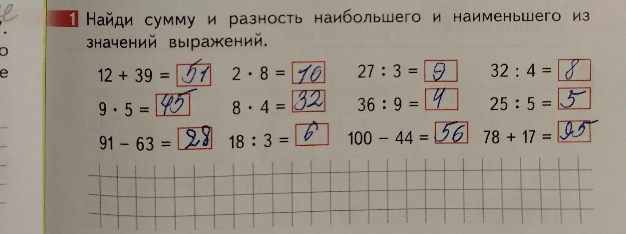 Найди сумму и разность наибольшего и наименьшего из значений выражений.