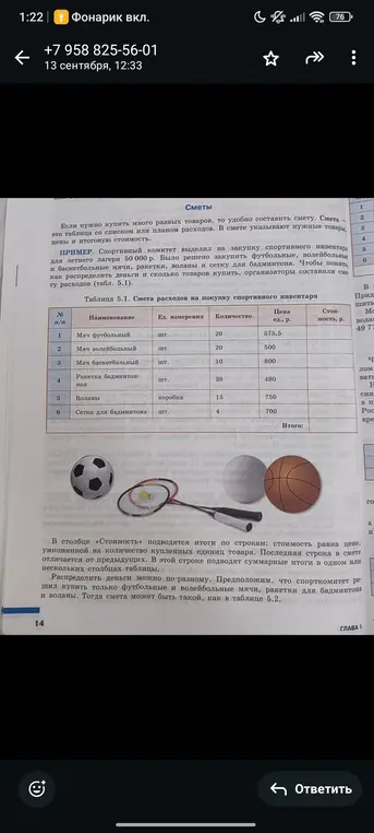 По таблице 5 определи долю стоимости футбольных мячей в общей сумме расходов.