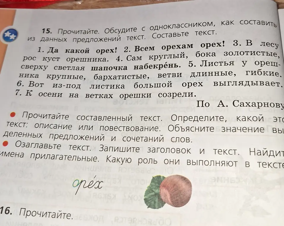Составь текст из предложений про орех, определи тип текста и роль прилагательных