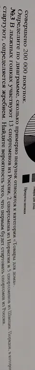 Предложи решение задач: 1) определи по диаграмме, сколько примерно покупок относится к категории «Товары для дома»; 2) найди вероятность того, что первым будет стартовать спортсмен из России.
