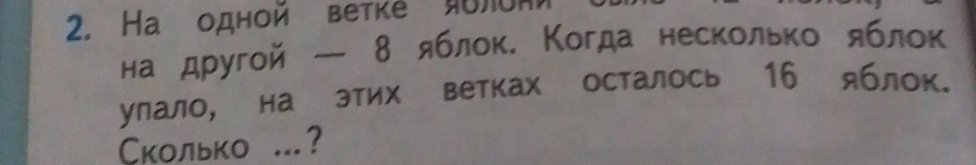 Ты просишь меня решить задачу: 'На одной ветке яблони было 12 яблок, на другой — 8 яблок. Когда несколько яблок упало, на этих ветках осталось 16 яблок. Сколько упало?'