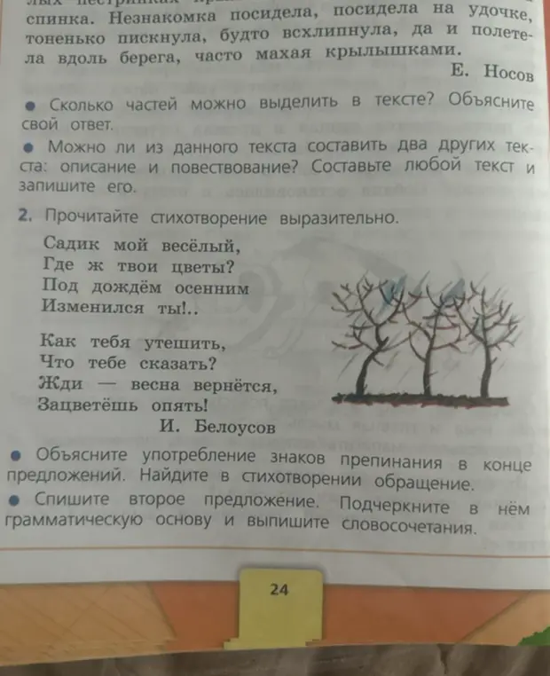 Выполни задания по тексту Носова и стихотворению Белоусова: определи количество частей в тексте, составь описание и повествование, объясни знаки препинания, найди обращение и грамматическую основу во втором предложении.