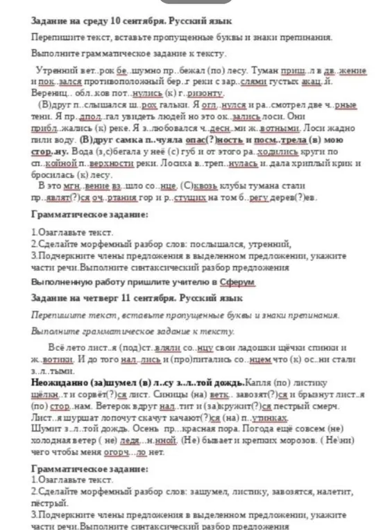 Мне нужно переписать текст, вставляя пропущенные буквы и знаки препинания, а также выполнить грамматические задания к тексту.