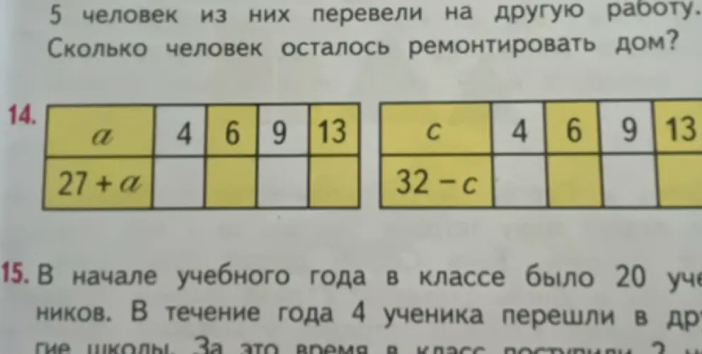 Реши задачу: '5 человек из них перевели на другую работу. Сколько человек осталось ремонтировать дом?'