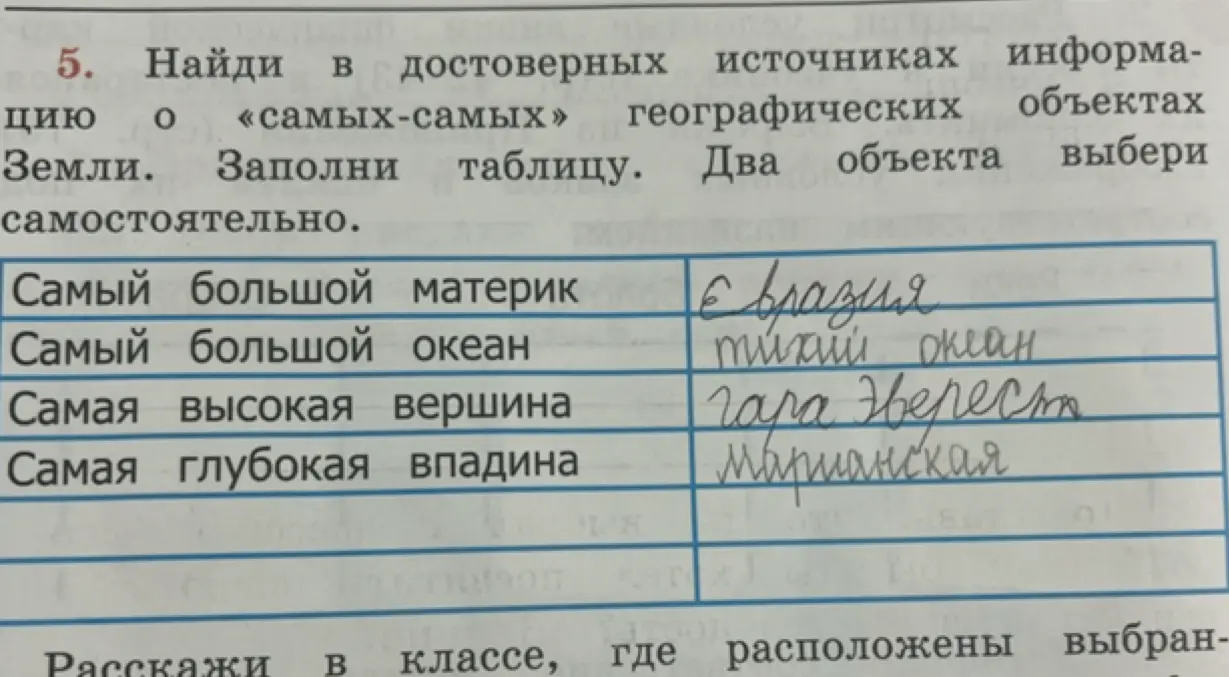 Можешь ли ты заполнить таблицу с информацией о самых больших географических объектах Земли?