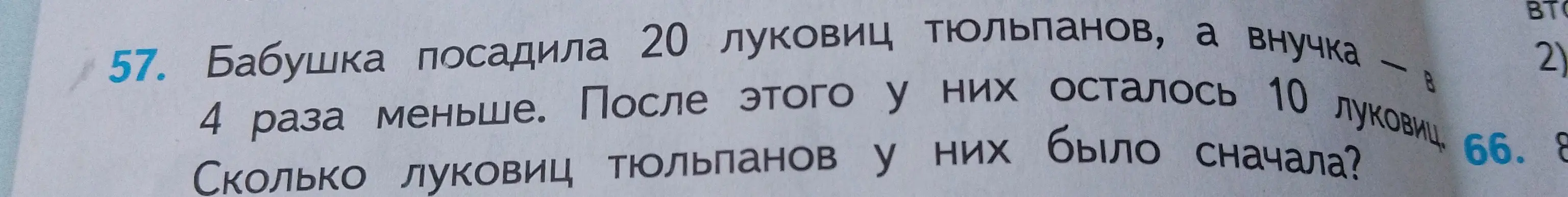 Реши задачу: Бабушка посадила 20 луковиц тюльпанов, а внучка в 4 раза меньше. После этого у них осталось 10 луковиц. Сколько луковиц тюльпанов у них было сначала?