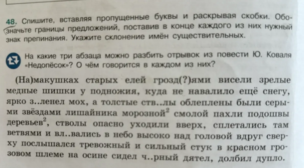 Ты просишь списать текст, вставляя пропущенные буквы и раскрывая скобки, обозначить границы предложений, поставить в конце каждого из них нужный знак препинания и указать склонение имён существительных.