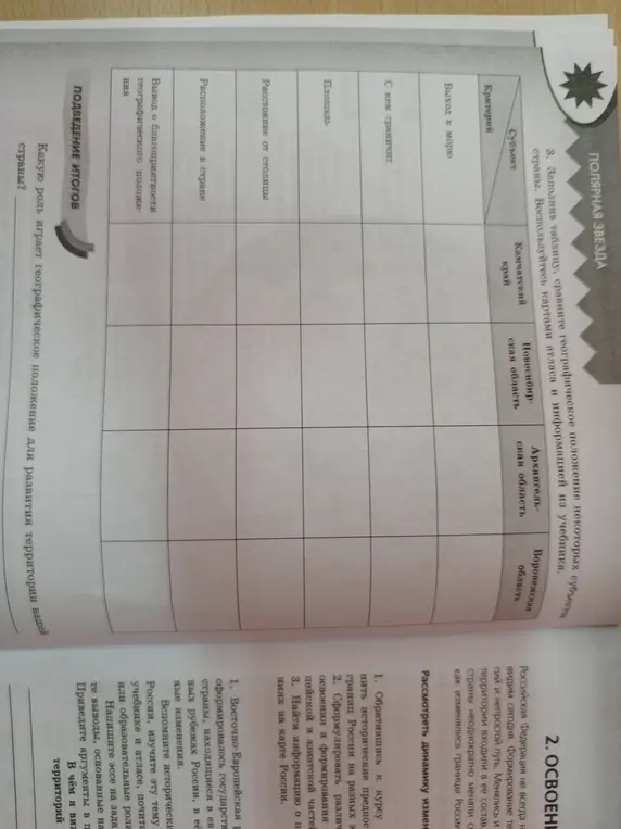 Можешь ли ты заполнить таблицу, сравнив географическое положение некоторых субъектов страны?