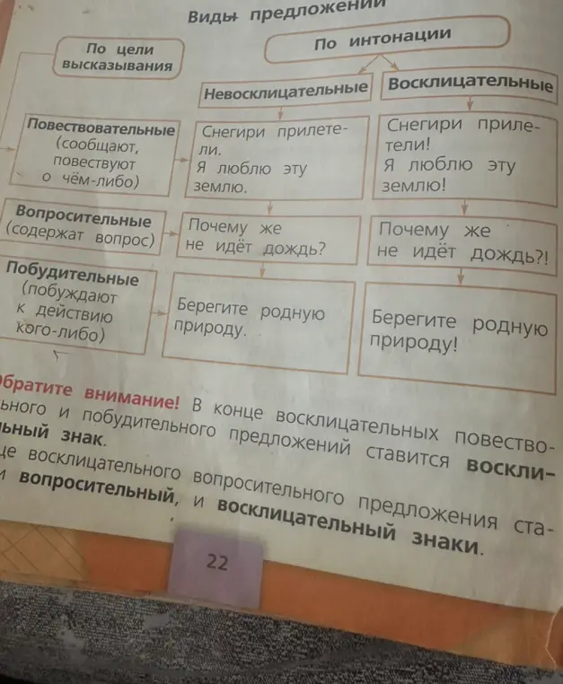 Объясни информацию из таблицы про виды предложений