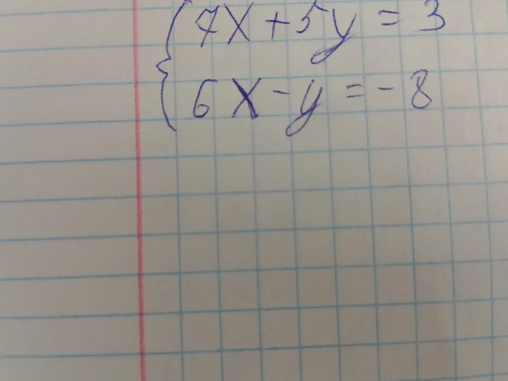 Реши систему уравнений {4x + 5y = 3, 6x - y = -8}