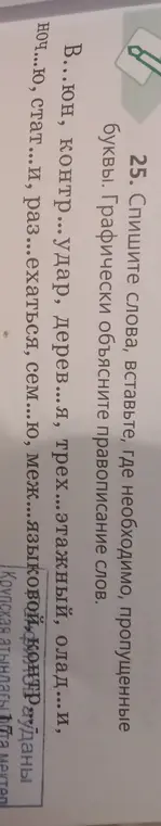 В каком месте необходимо вставить пропущенные буквы в слова: В...юн, контр...удар, дерев...я и другие?