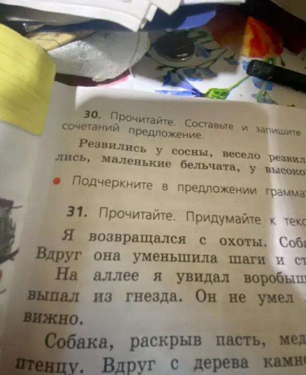 Составь предложение из сочетаний и подчеркни грамматическую основу в предложении 'Резвились у сосны, весело резвились, маленькие бельчата, у высокой'. Придумай название к тексту