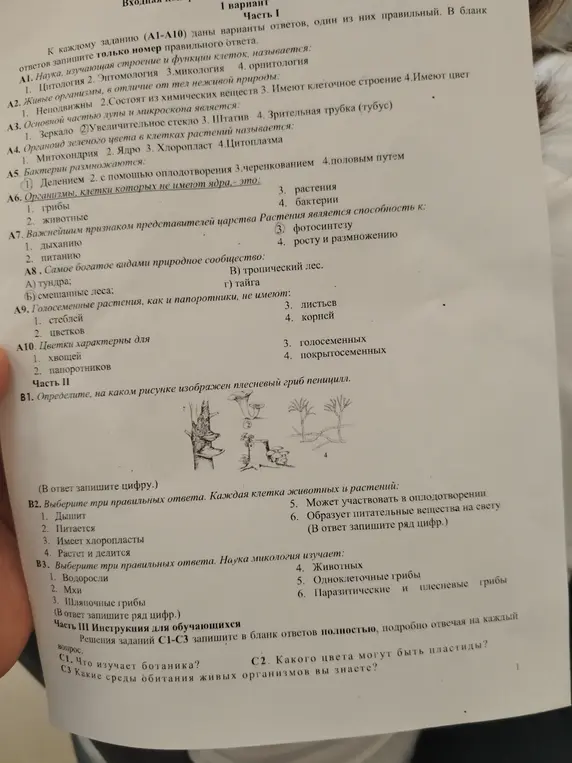Помоги мне ответить на вопросы по биологии в варианте 1