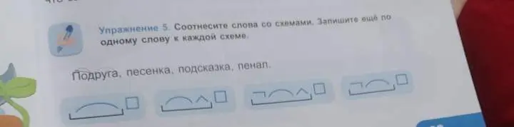 Помоги соотнести слова со схемами и записать ещё одно слово к каждой схеме.