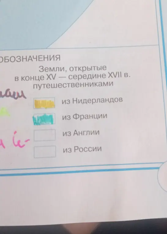 Объясни, что изображено на картинке с обозначениями земель, открытых путешественниками из разных стран.