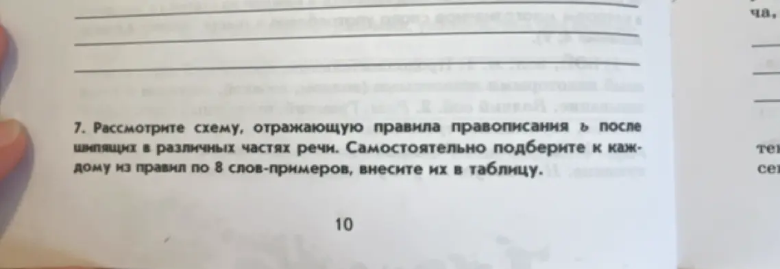 Составь таблицу, рассмотрев схему, отражающую правила правописания Ь после шипящих в различных частях речи. Самостоятельно подбери к каждому из правил по 8 слов-примеров и внеси их в таблицу