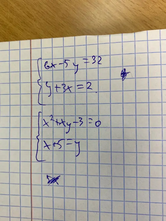 Помоги решить системы уравнений: {6x-5y=32, y+3x=2 и {x²+xy-3=0, x+5=y