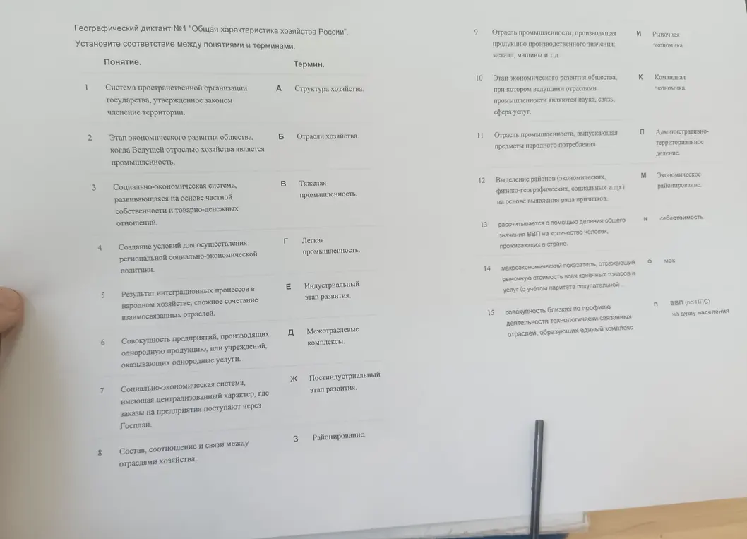 Помоги мне установить соответствие между понятиями и терминами в географическом диктанте.
