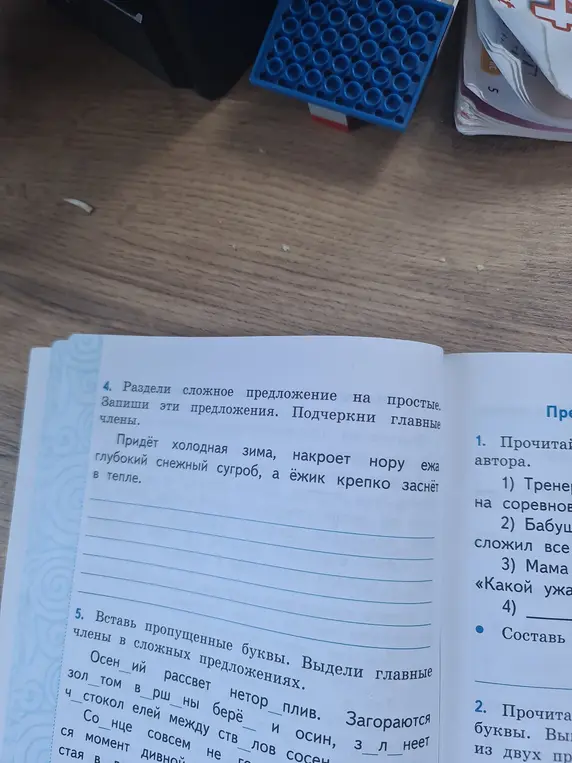 Раздели сложное предложение 'Придёт холодная зима, накроет нору ежа глубокий снежный сугроб, а ёжик крепко заснёт в тепле' на простые и подчеркни главные члены.
