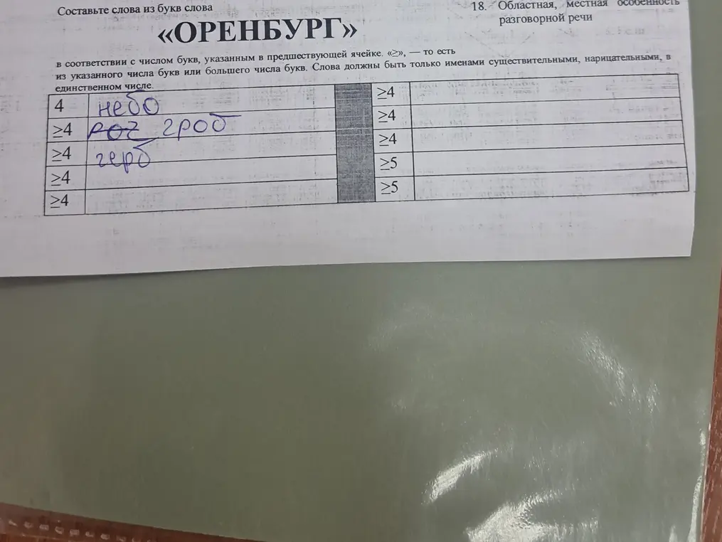 Составь слова из букв слова «Оренбург» в соответствии с числом букв, указанным в ячейке