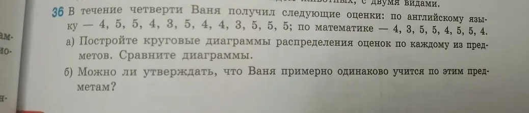 Можешь помочь построить круговые диаграммы распределения оценок по английскому языку и математике и сравнить диаграммы, а также ответить на вопрос, можно ли утверждать, что Ваня примерно одинаково учится по этим предметам?
