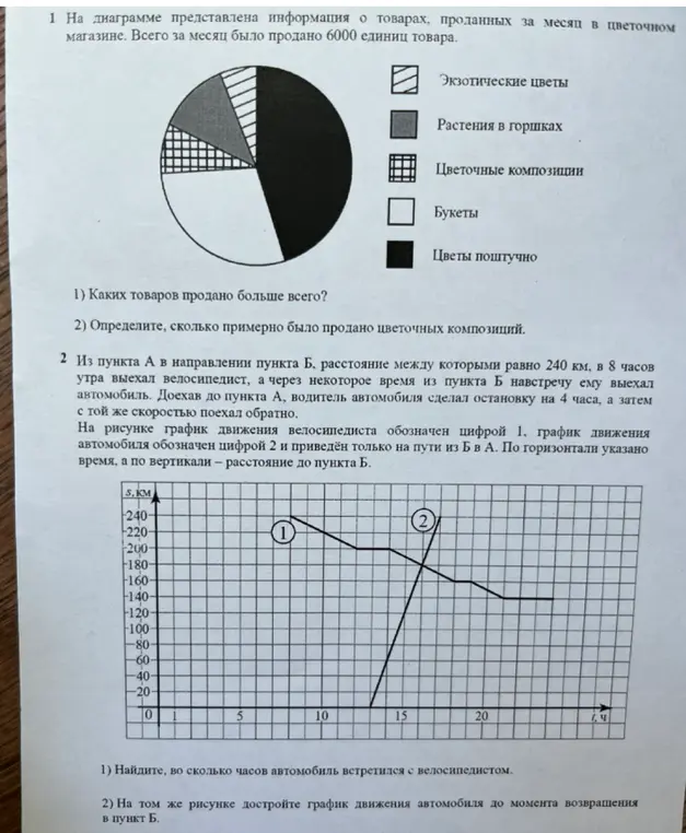 Помоги решить задачу с круговой диаграммой о проданных товарах и задачу про движение велосипедиста и автомобиля.