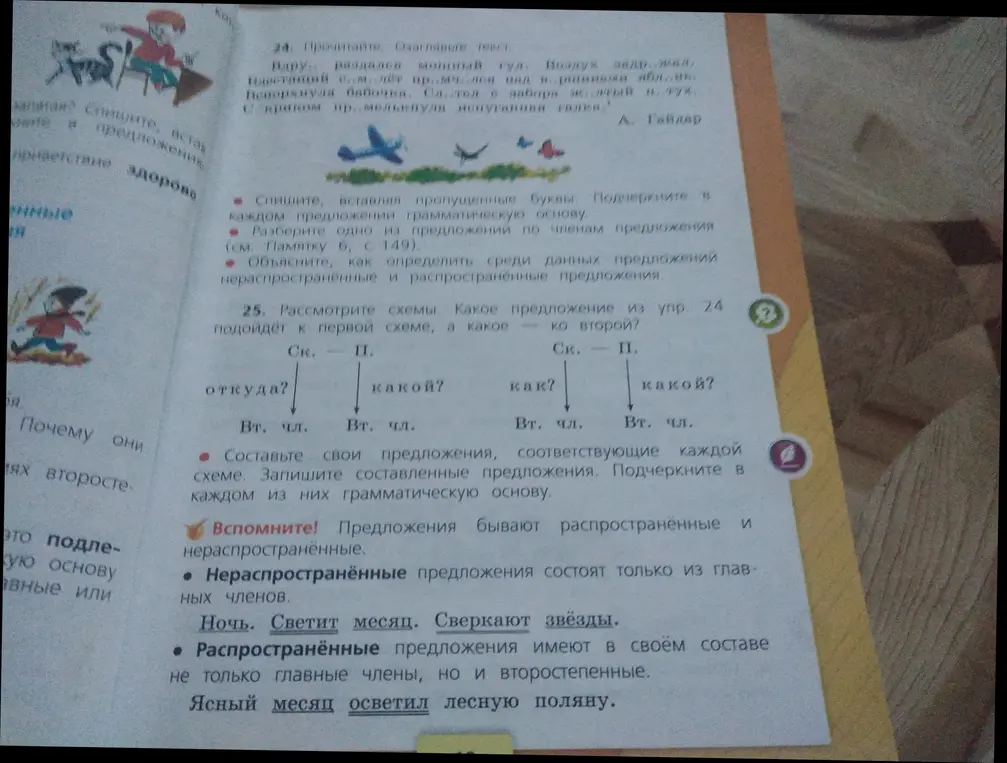 Можешь помочь рассмотреть схемы и определить, какое предложение из упражнения 24 подойдёт к первой схеме, а какое ко второй?