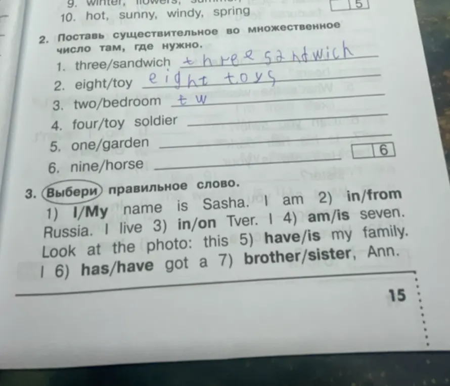 Помоги выбрать правильное слово в упражнении 3 и поставить существительное во множественное число в упражнении 2.