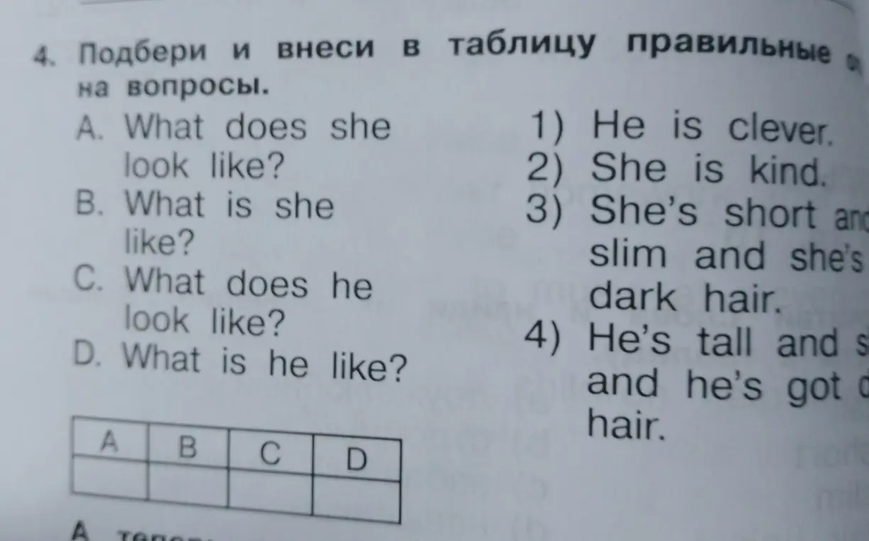 Подбери и внеси в таблицу правильные ответы на вопросы "What does she look like?"