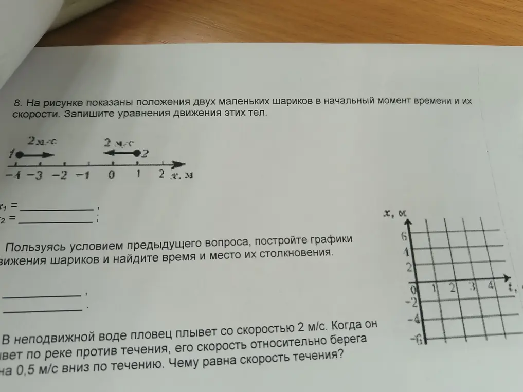 Ты просишь записать уравнения движения двух тел, построить графики их движения и найти время и место их столкновения, а также чему равна скорость течения реки.