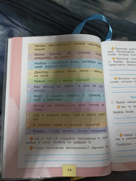 Определи пословицы о трудолюбии и лени на страницах 13-14 и отметь их цифрой 5.