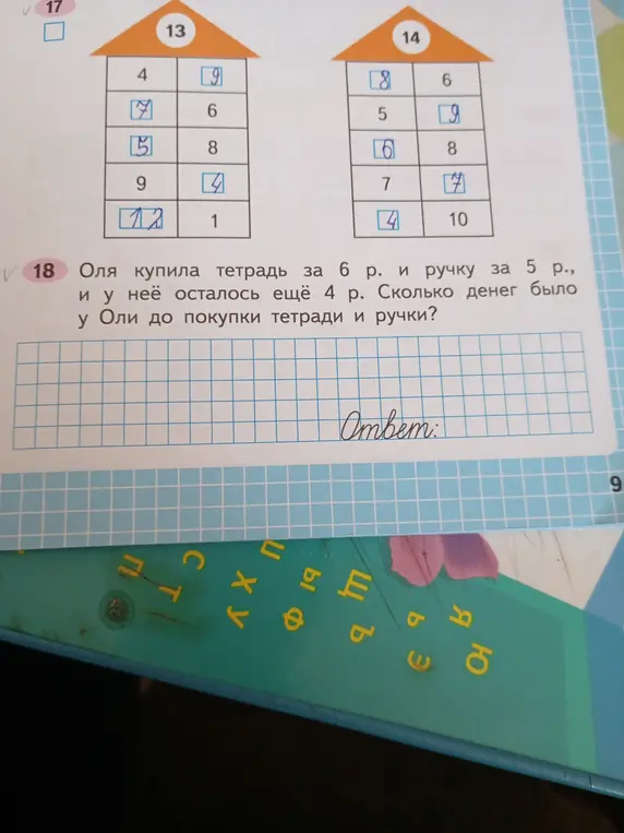 Помоги решить задачу: Оля купила тетрадь за 6 р. и ручку за 5 р., и у неё осталось ещё 4 р. Сколько денег было у Оли до покупки тетради и ручки?