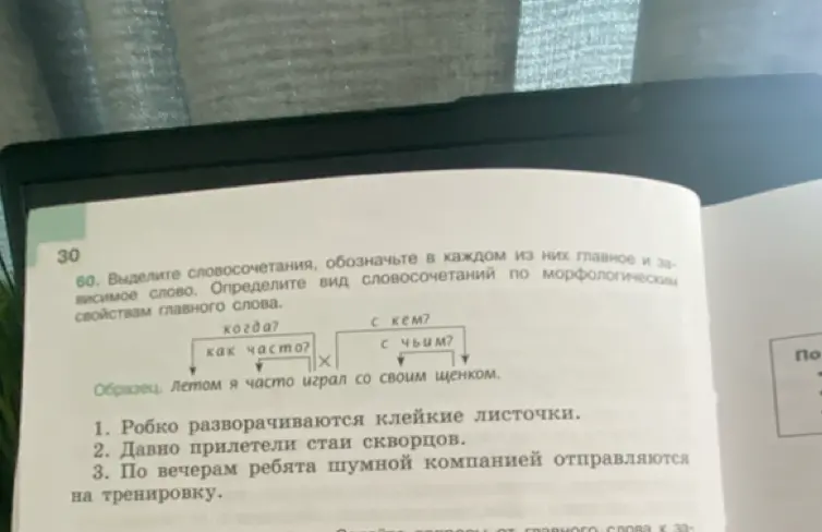 Выдели словосочетания, обозначь в каждом из них главное и зависимое слово в предложениях: 1. Робко разворачиваются клейкие листочки; 2. Давно прилетели стаи скворцов; 3. По вечерам ребята шумной компанией отправляются на тренировку