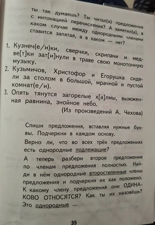 Выполни упражнение: спиши предложения, вставляя нужные буквы и подчеркни в каждом основу. Определи, верно ли, что во всех трёх предложениях есть однородные подлежащие. Разбери второе предложение по членам предложения полностью и найди в нём однородные второстепенные члены предложения.