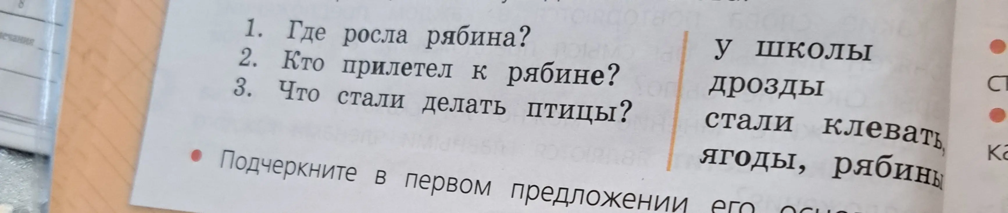 Ты просишь ответить на вопросы по тексту и подчеркнуть главные члены в первом предложении: "Где росла рябина?"