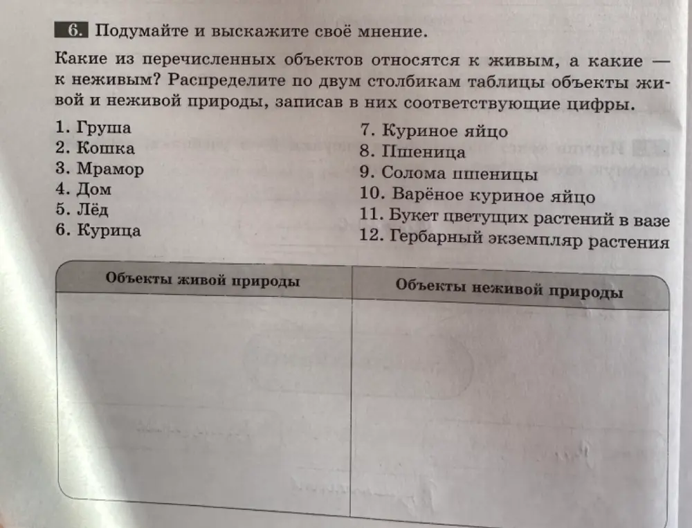 Распредели по двум столбикам таблицы объекты живой и неживой природы, записав в них соответствующие цифры. Первый объект - груша.