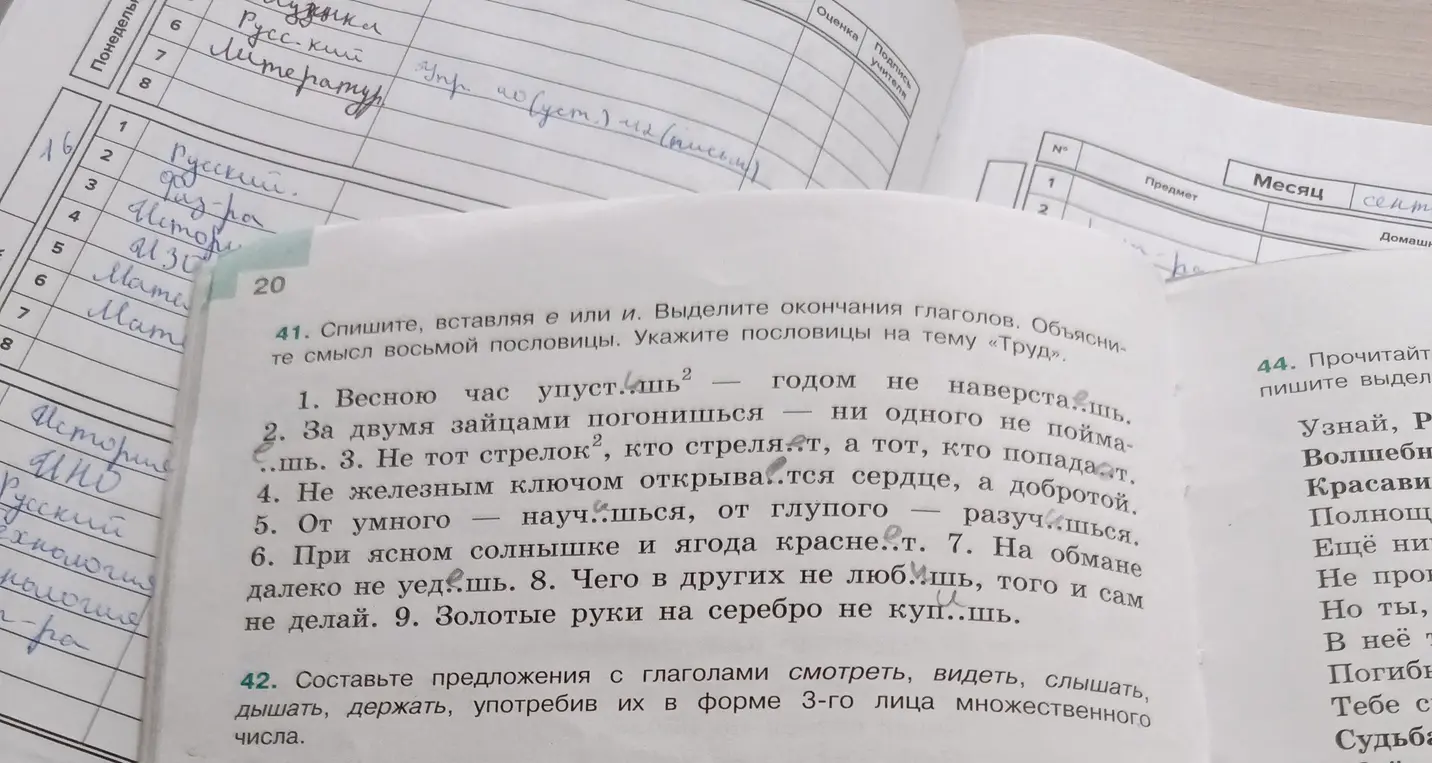 Помоги мне с заданием по русскому языку: спиши, вставляя е или и, выдели окончания глаголов в пословицах