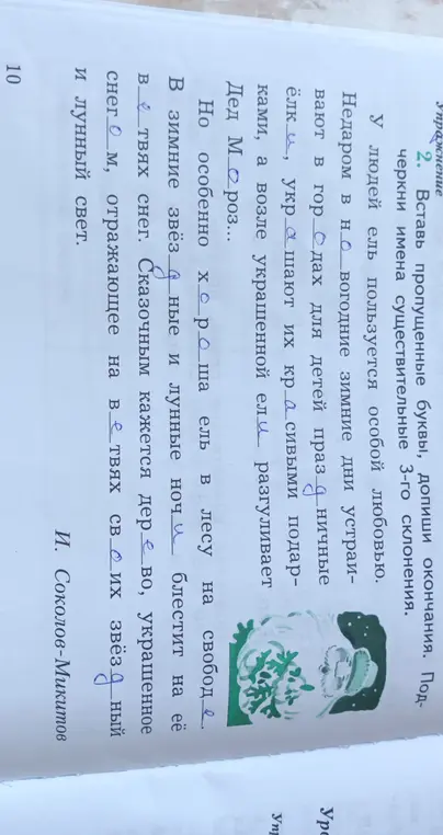 В упражнении 2 вставь пропущенные буквы, допиши окончания и подчеркни имена существительные 3-го склонения, также выпиши из текста словарные слова.