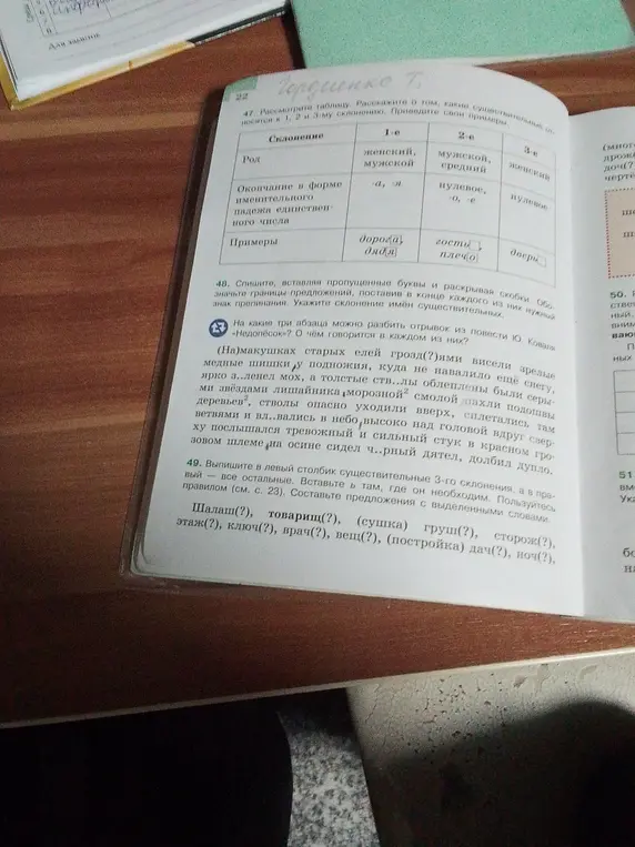 Выпиши в левый столбик существительные 3-го склонения, а в правый – все остальные из упражнения 49.