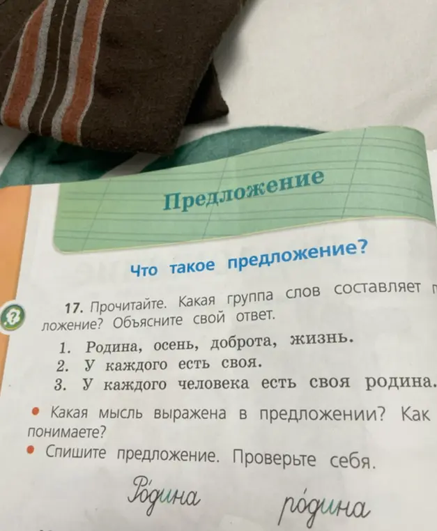 Объясни, какая группа слов составляет предложение в задании 17